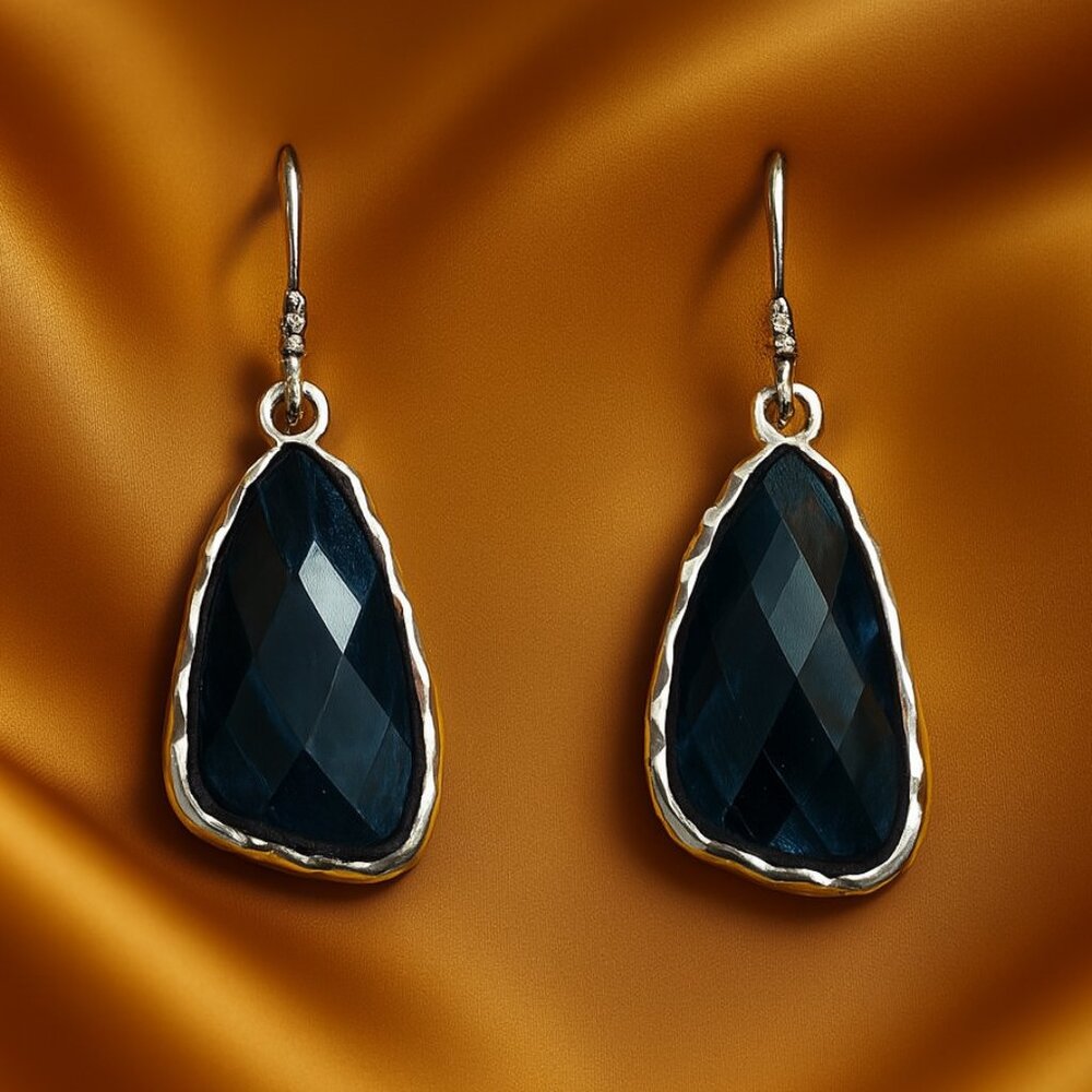 Statement Silver Earrings with Faceted Blue Stones – Hypoallergenic Design